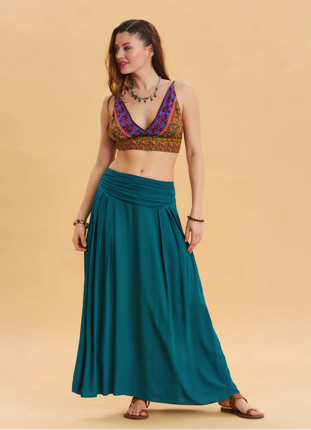 Elastic Waist Drape Detailed Petrol Long Skirt 4491
